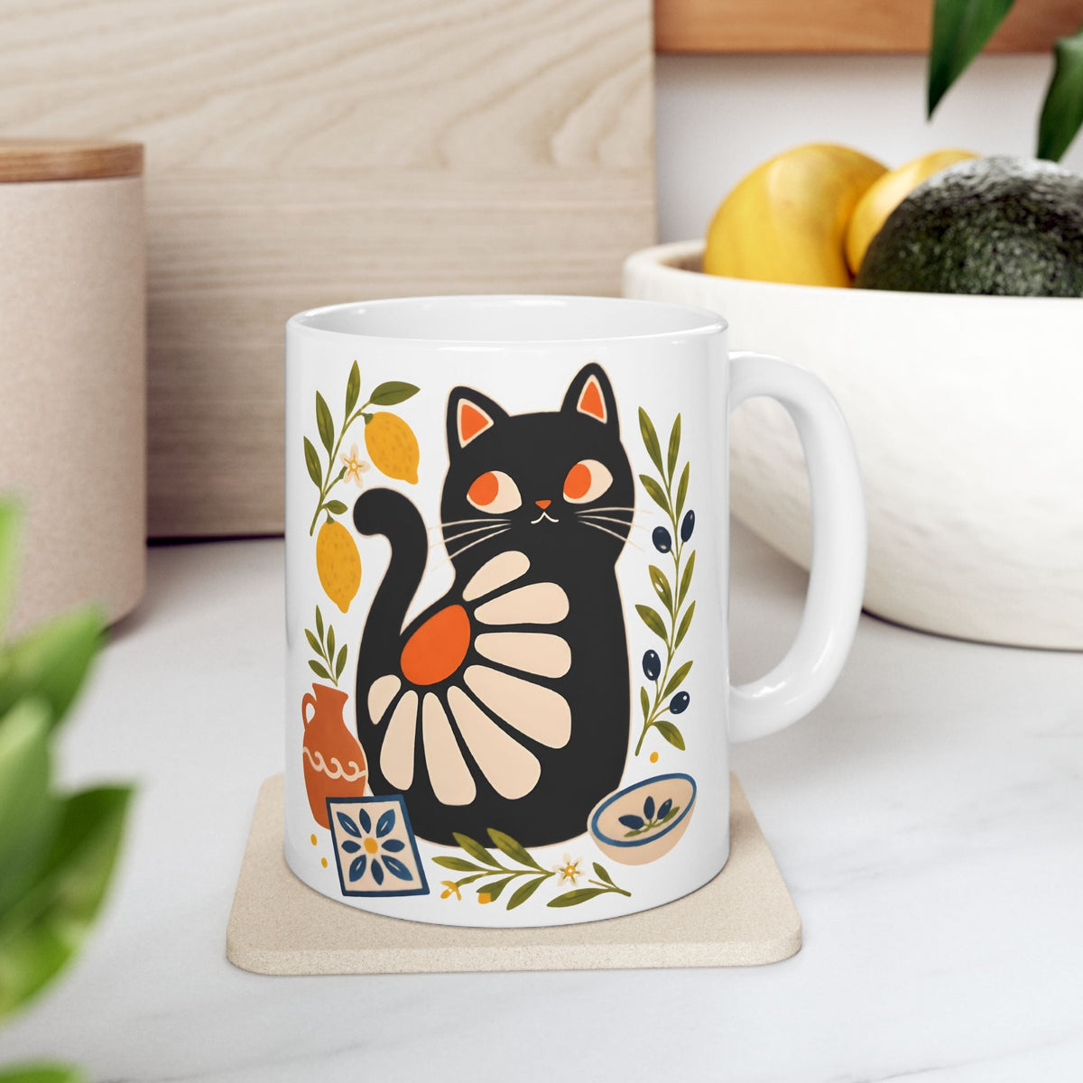 Mediterranean ceramic mug styled for a coffee bar corner.