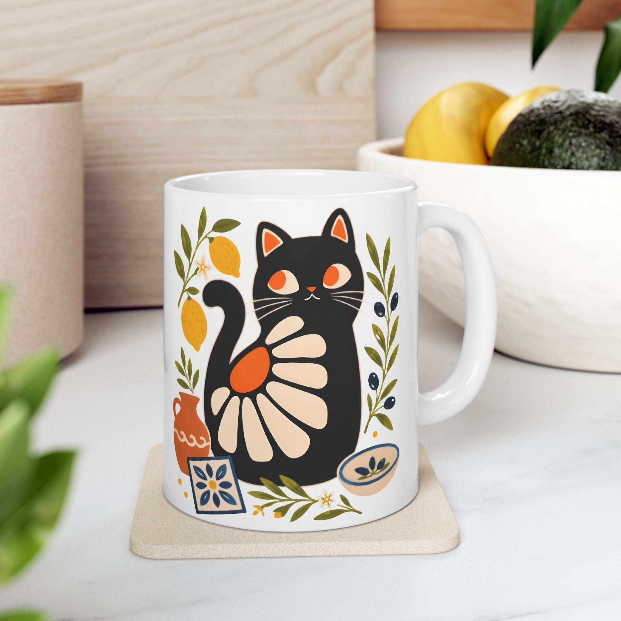 Mediterranean ceramic mug styled for a coffee bar corner.