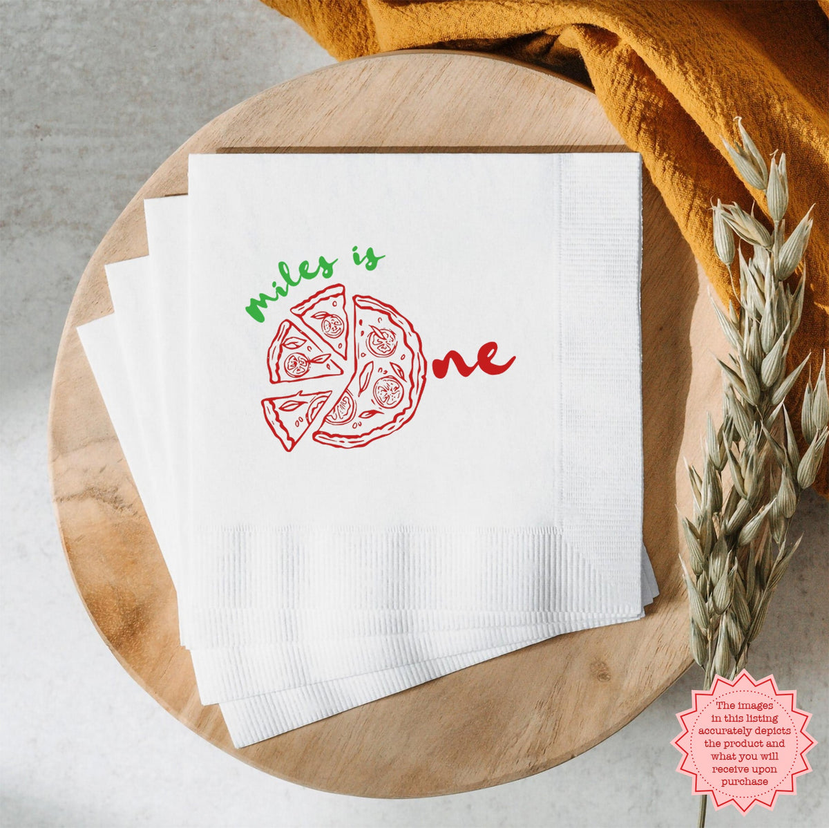 Custom first birthday pizza napkins styled for an Italian kids party table.