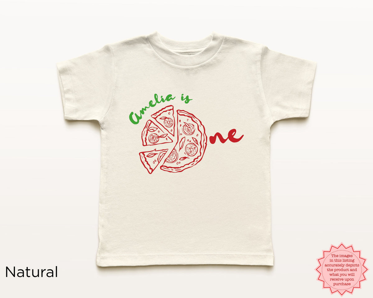 Personalised Italian pizza first birthday toddler shirt styled for a kids pizza party outfit.