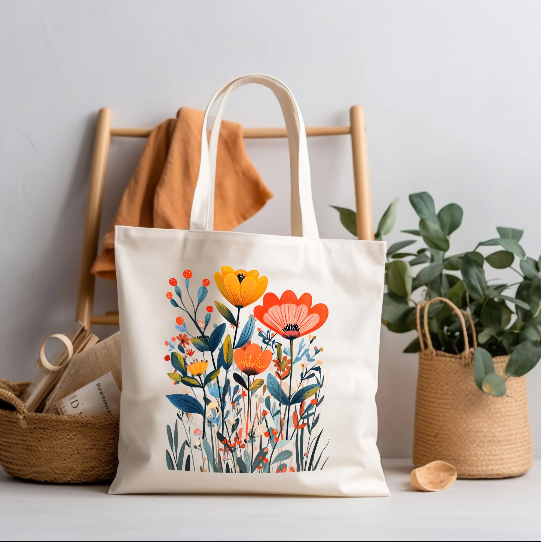 Abstract wildflower REBBELLA cotton canvas tote bag used as an accessories gift guide hero image.