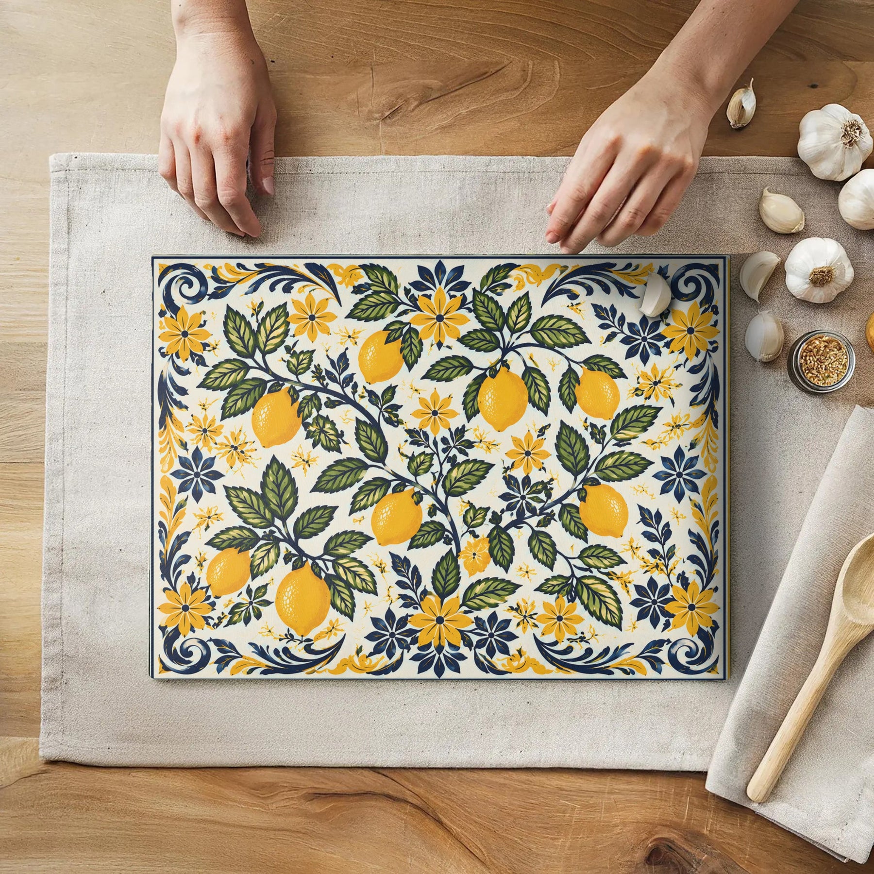Amalfi lemons decorative glass cutting board styled as Mediterranean kitchen decor and host gift.