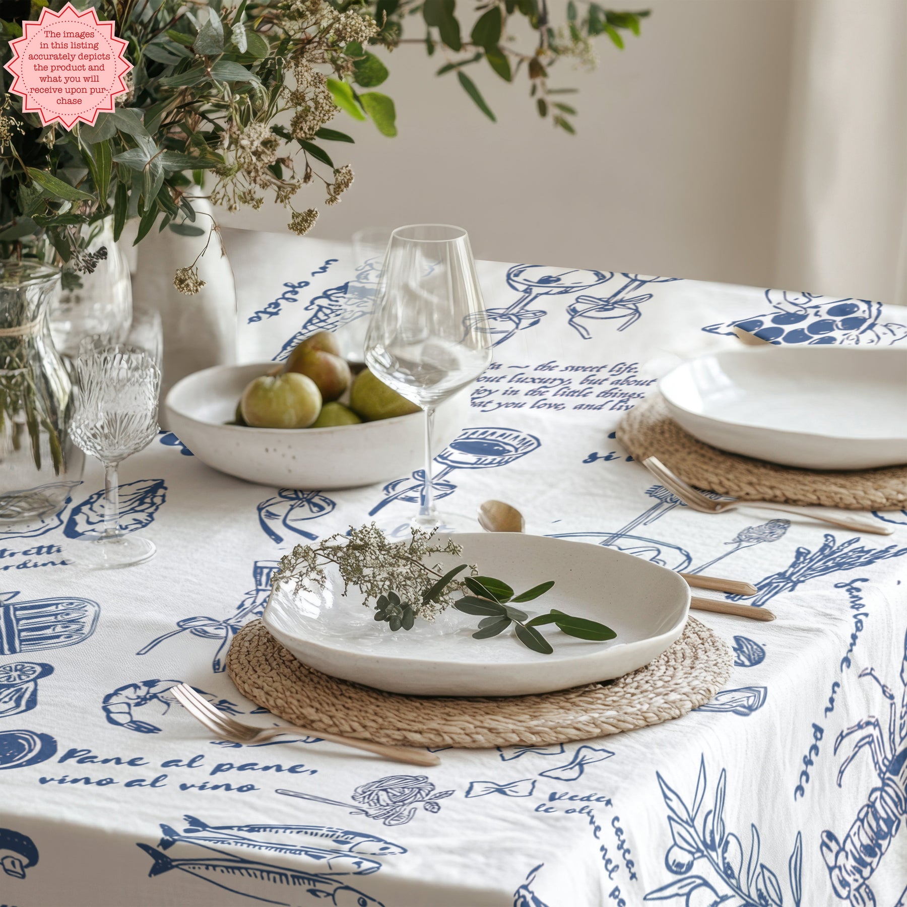Italian summer tablecloth with blue Mediterranean print for pizza night and dinner party styling.