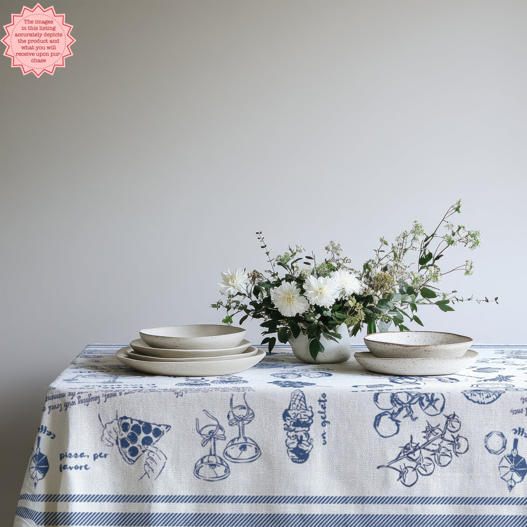 Blue, yellow and green Mediterranean tablescape with Italian summer tablecloth.