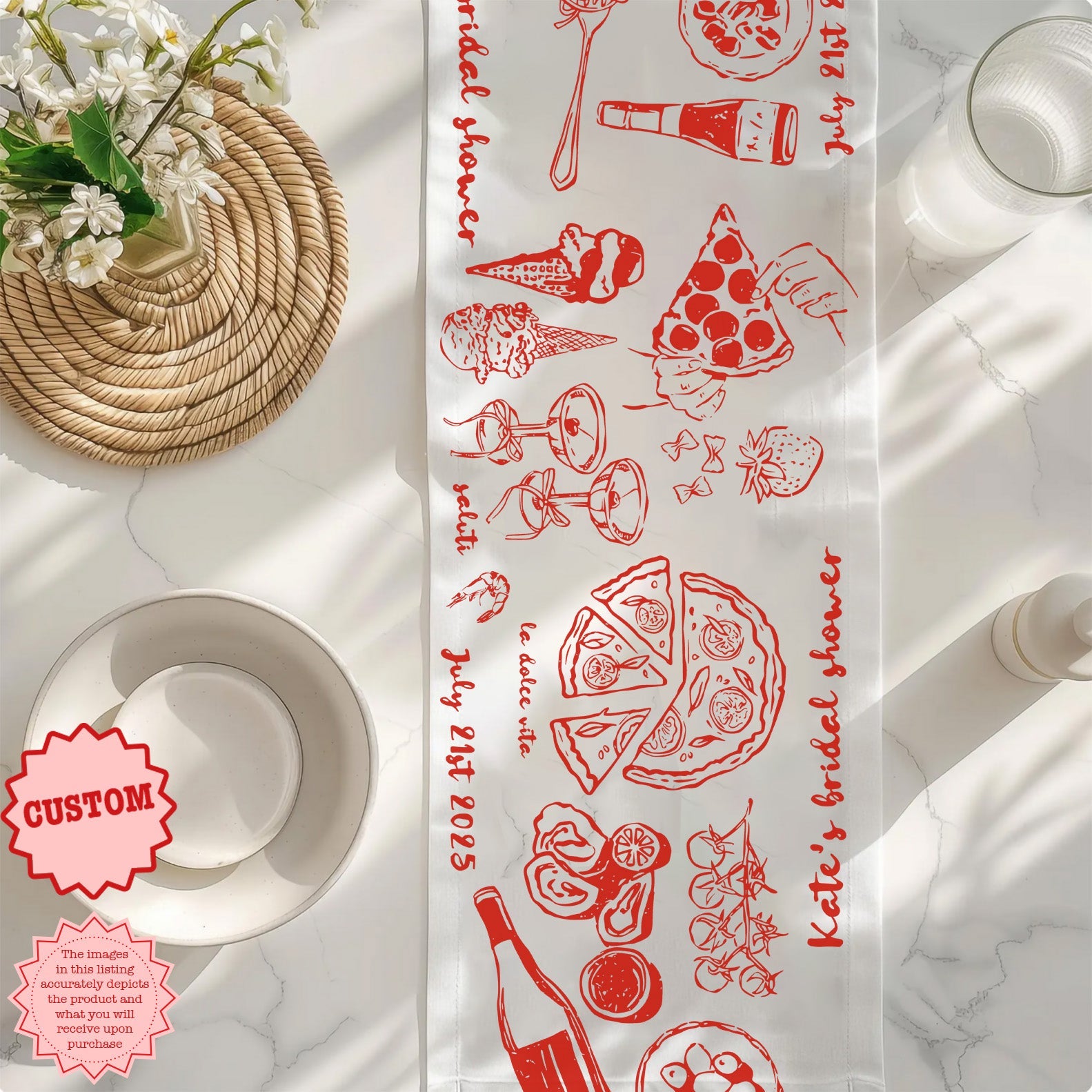 Bridal brunch table styling with custom Mediterranean table runner and personalised wedding details.