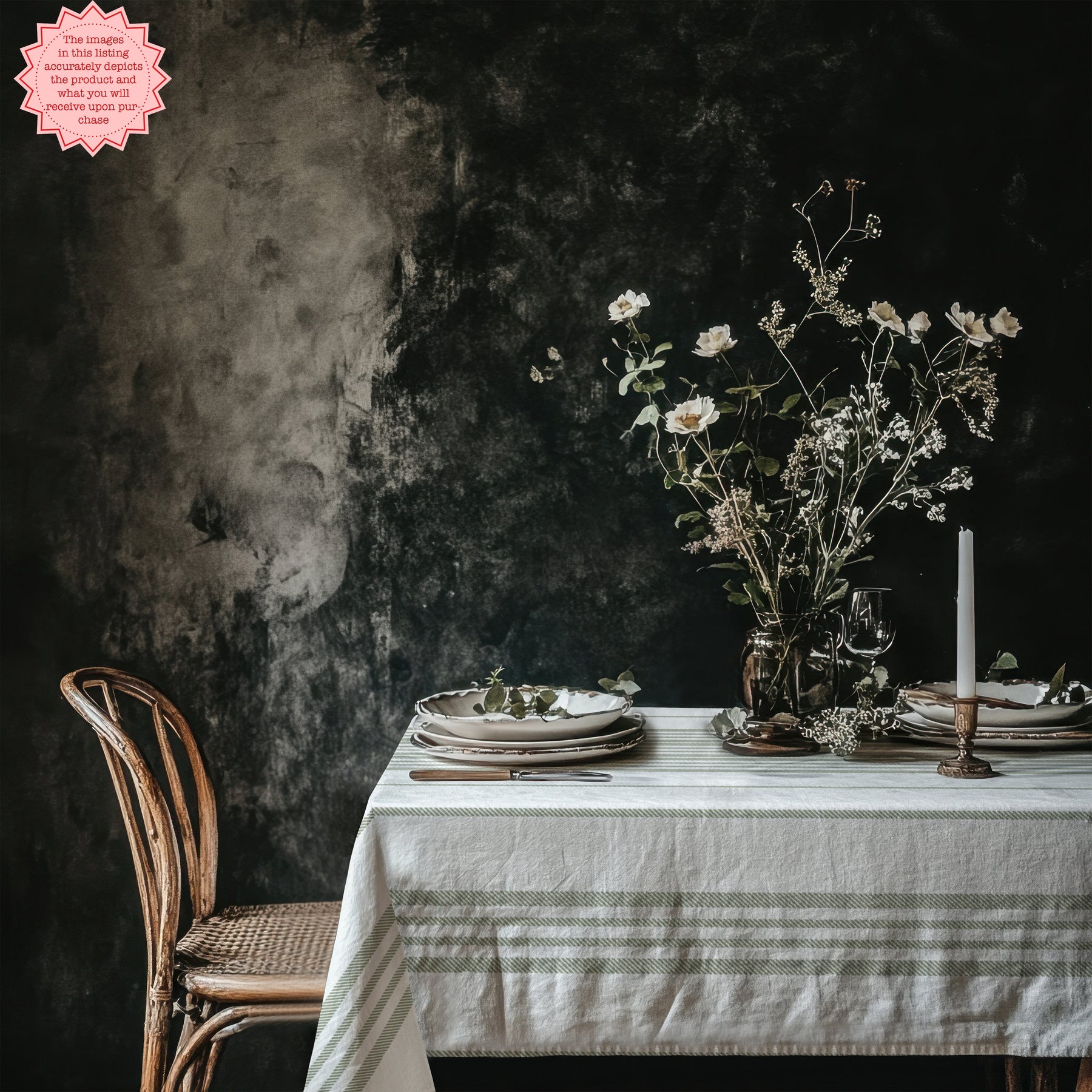 Sage green striped Mediterranean tablecloth styled for green gingham table runner and table linen ideas.