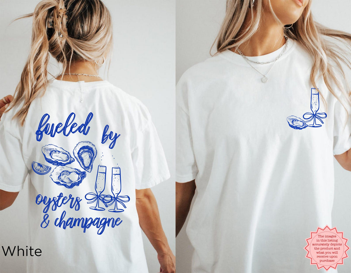 Oyster and champagne graphic shirt styled as a coastal weekend gift.