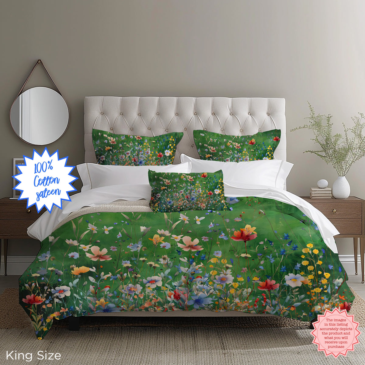 Dark green pressed wildflower duvet cover styled for botanical bedroom ideas.
