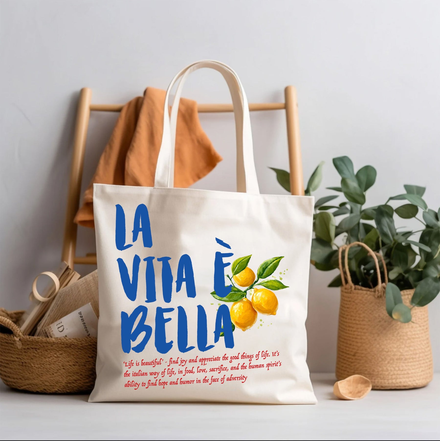 La Vita e Bella lemon cotton canvas tote bag styled for Mediterranean market days and gifts.