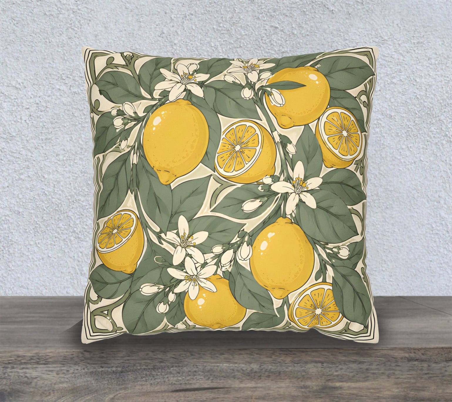 Mediterranean lemon cushion styled for sofa, bedroom and guest room decor ideas.