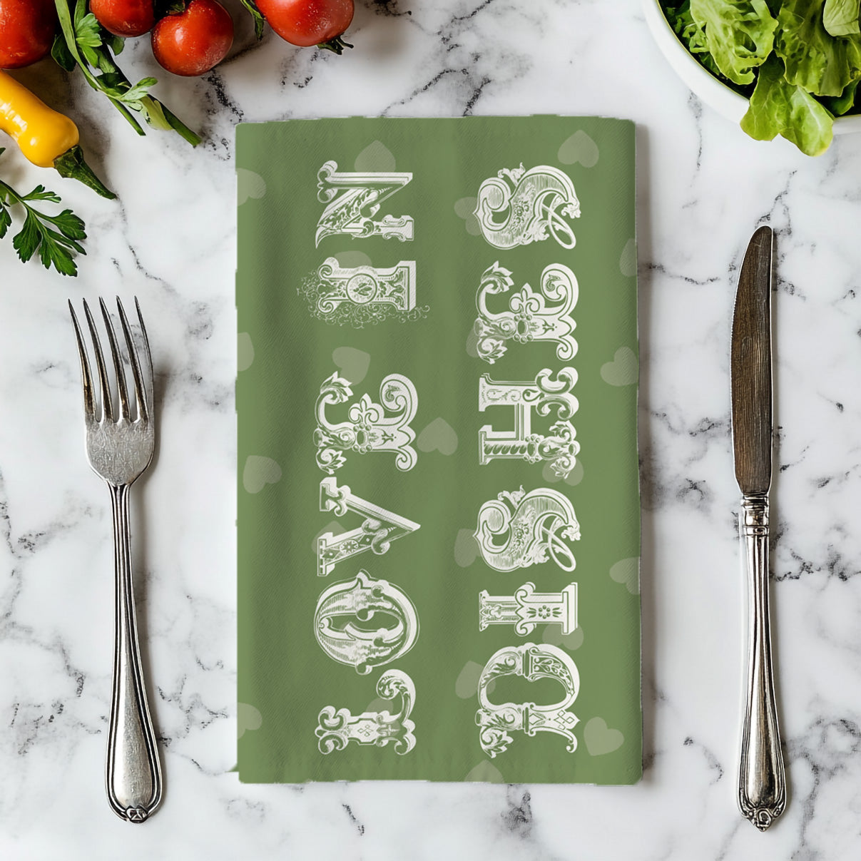 Olive green Mediterranean tea towel hanging in a kitchen for olive green kitchen styling ideas.