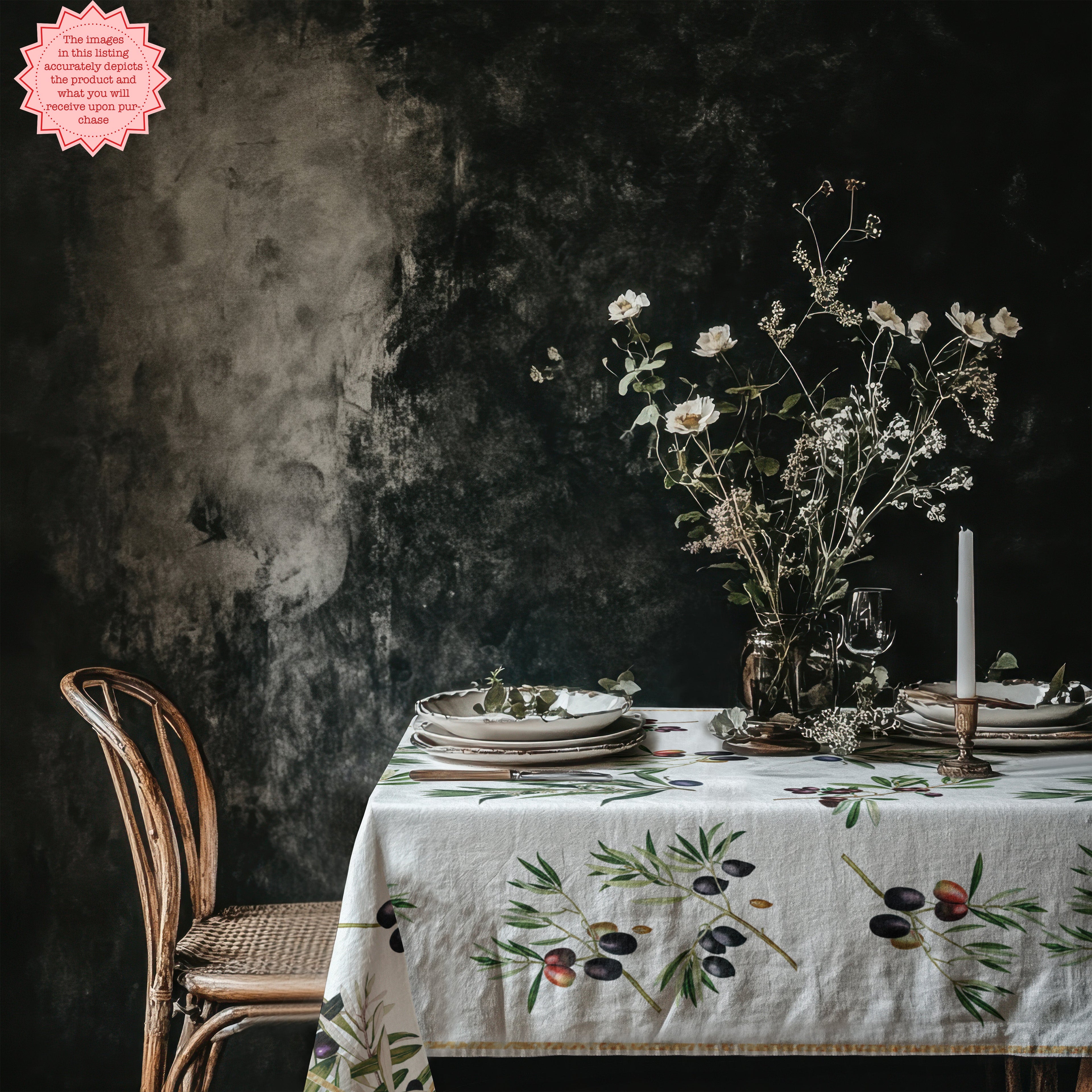 Olive branch tablecloth on a minimalist Mediterranean dining table.