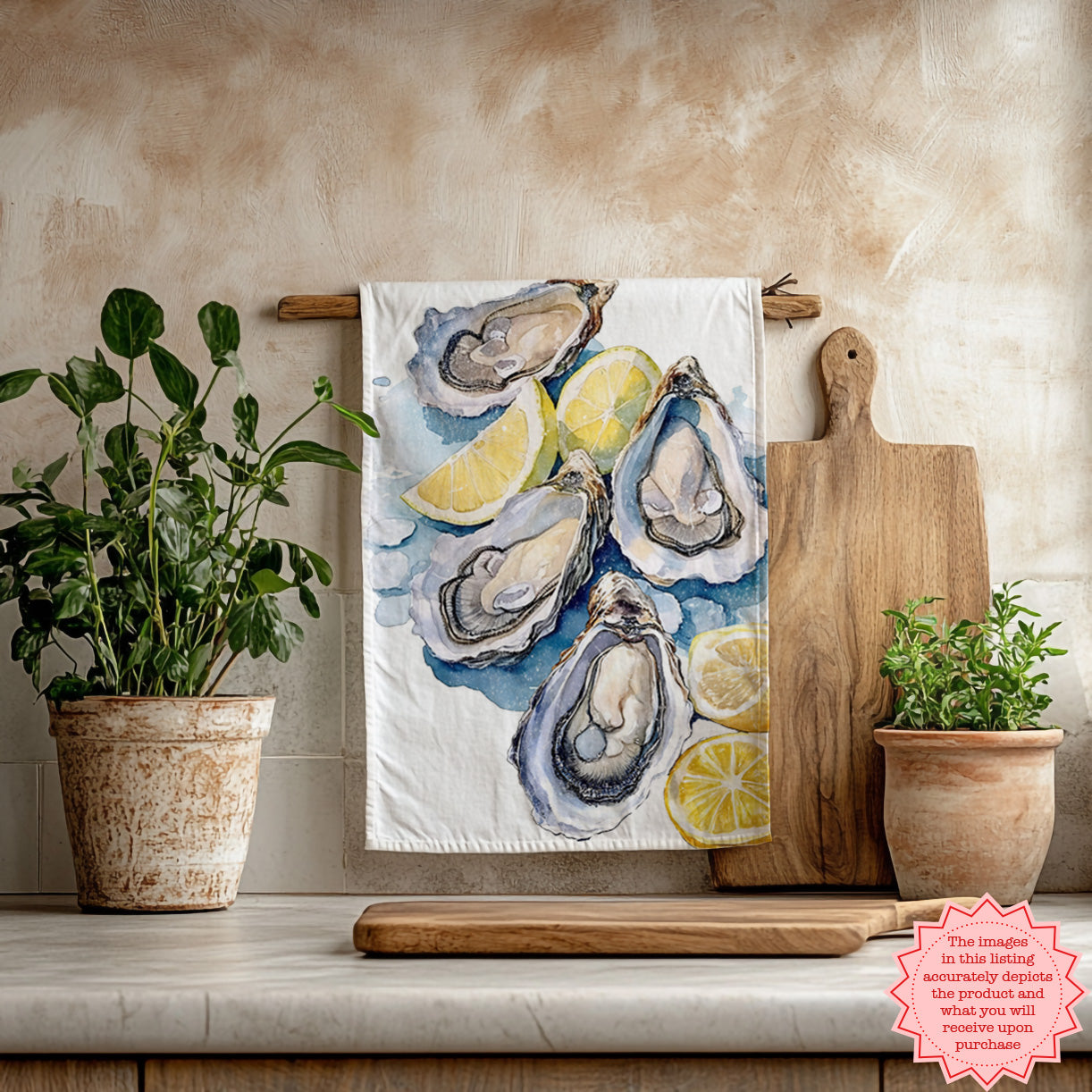 Coastal kitchen gift with watercolor oyster tea towel.