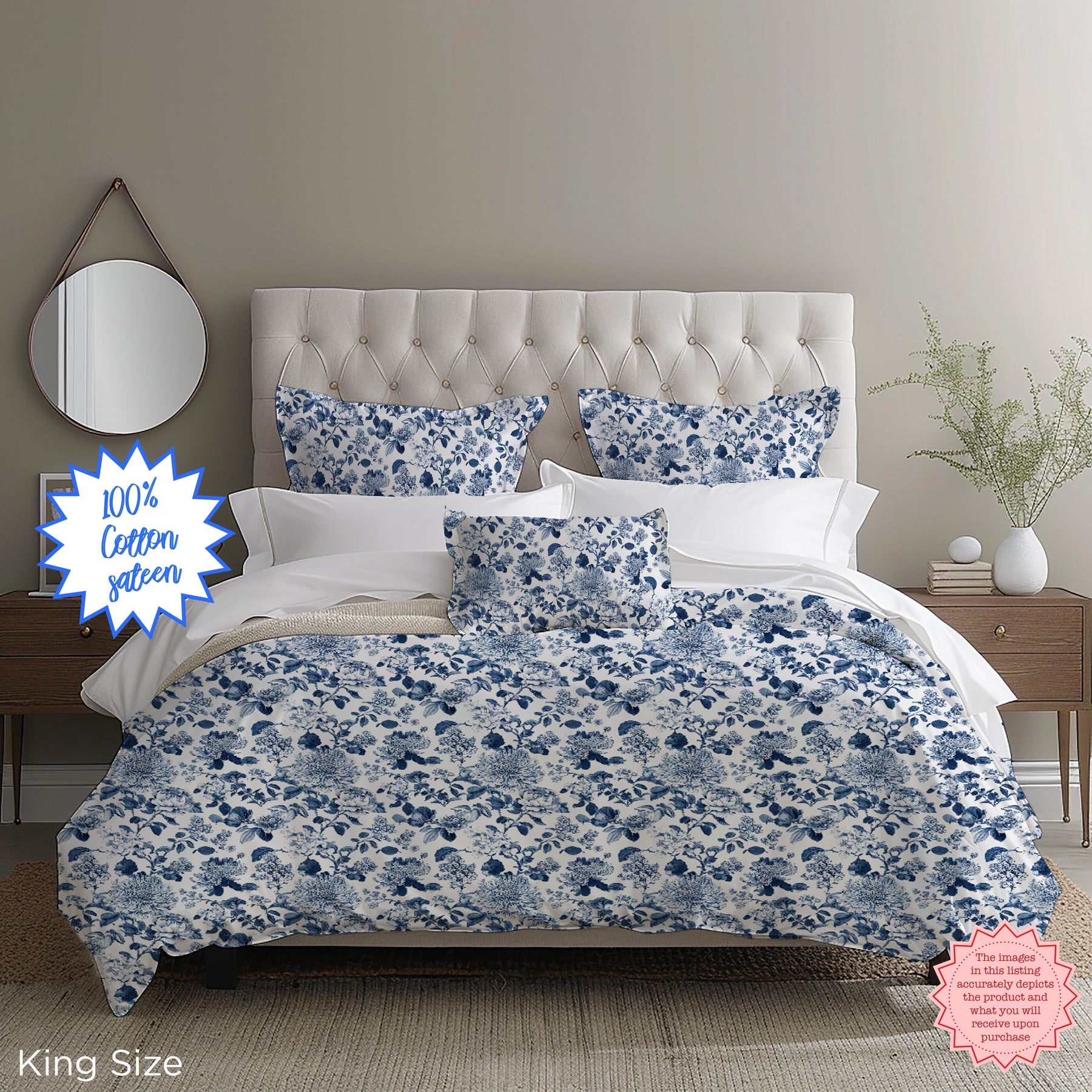 Blue toile floral duvet cover styled for a boutique Mediterranean guest bedroom.