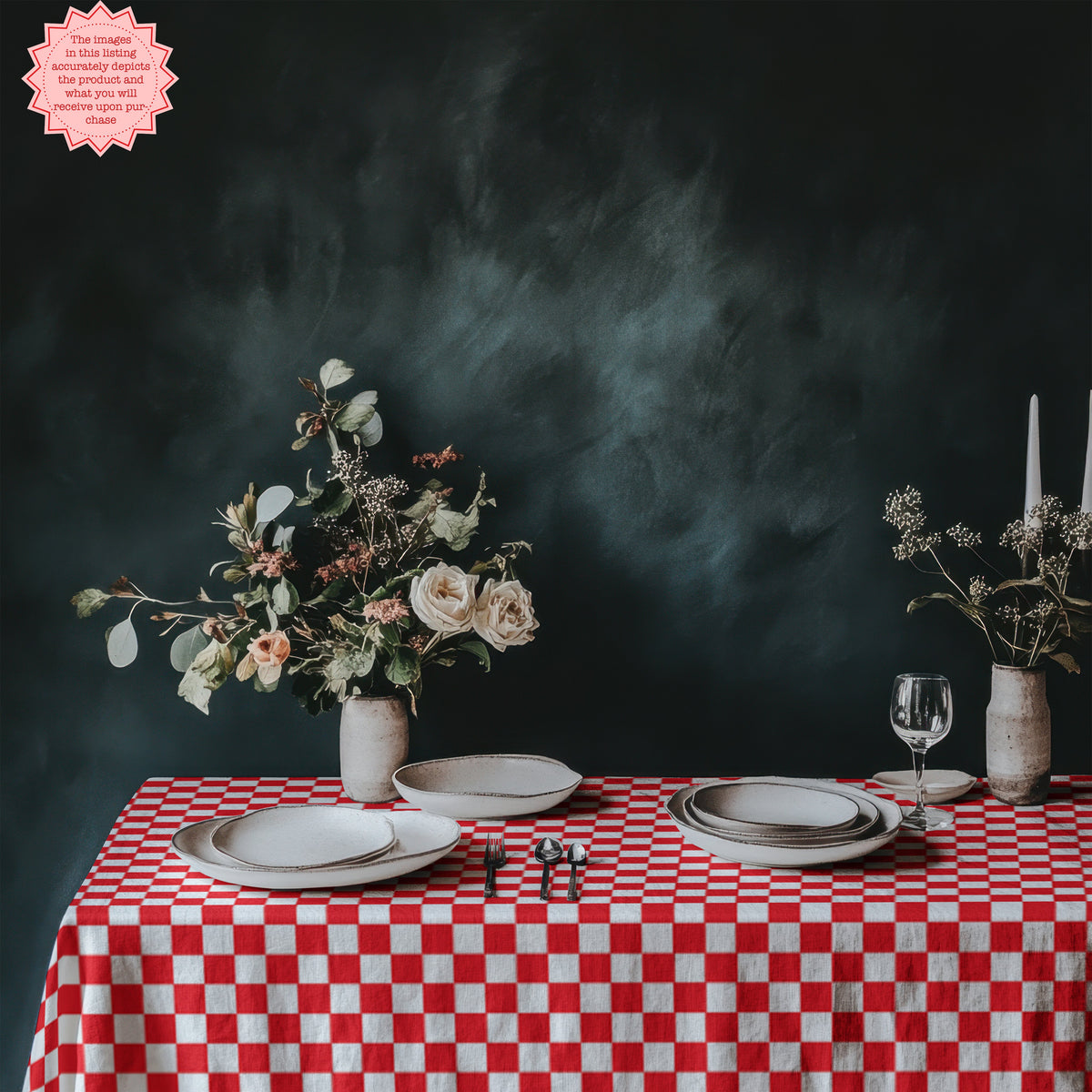 Red and white checkered cotton tablecloth styled for Italian farmhouse dining.
