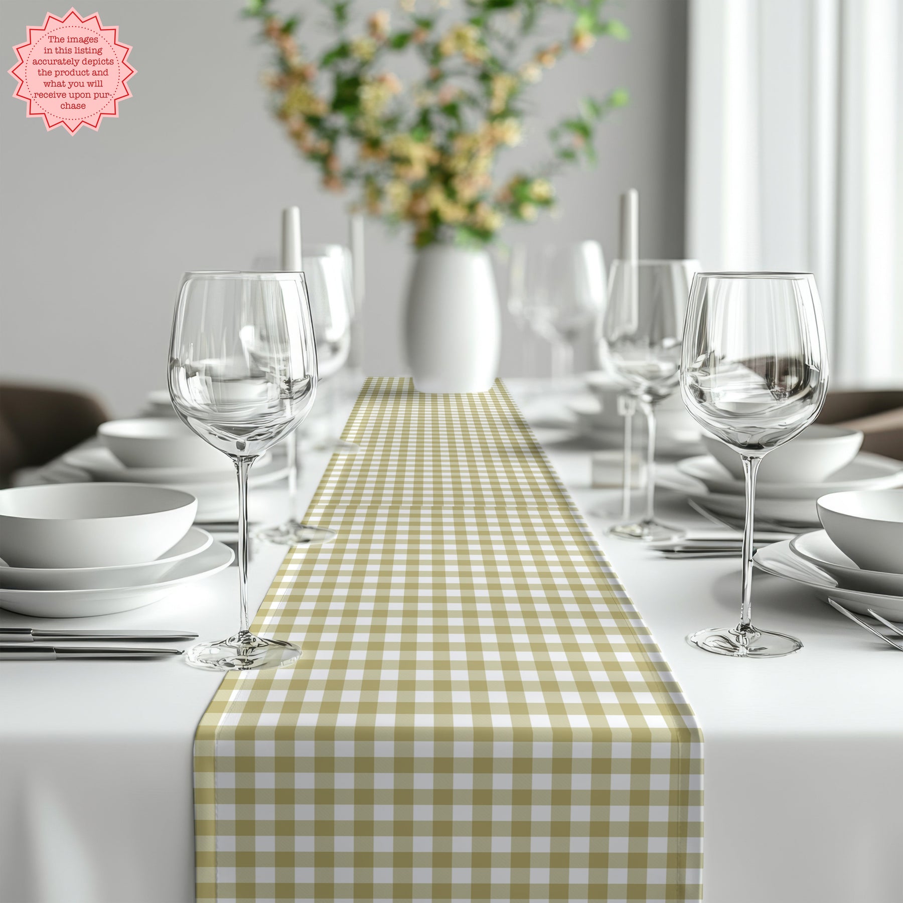 Sage green gingham table runner styled for wedding and dinner party table runner size ideas.