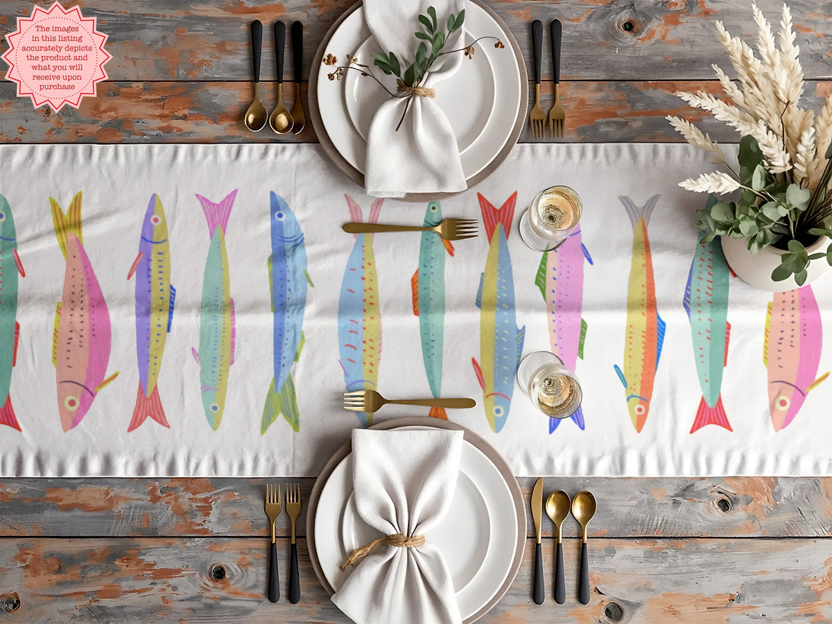 Colorful sardine table runner for summer wedding weekend gift ideas.