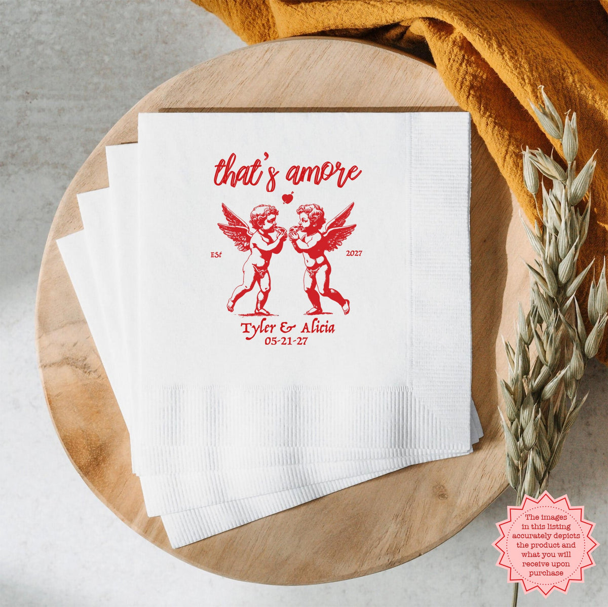 That's Amore personalised Italian wedding napkins styled for a pizza bar reception.