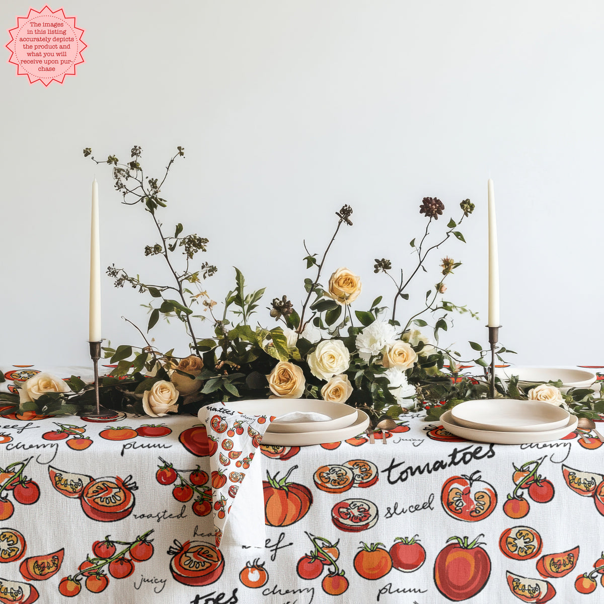 Tomato print tablecloth for autumn Mediterranean dinner party styling.