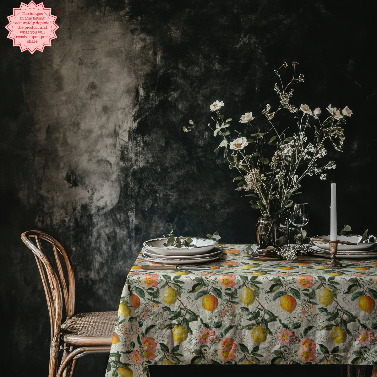 Vintage Italian lemon tablecloth styled for a Mediterranean dinner party.