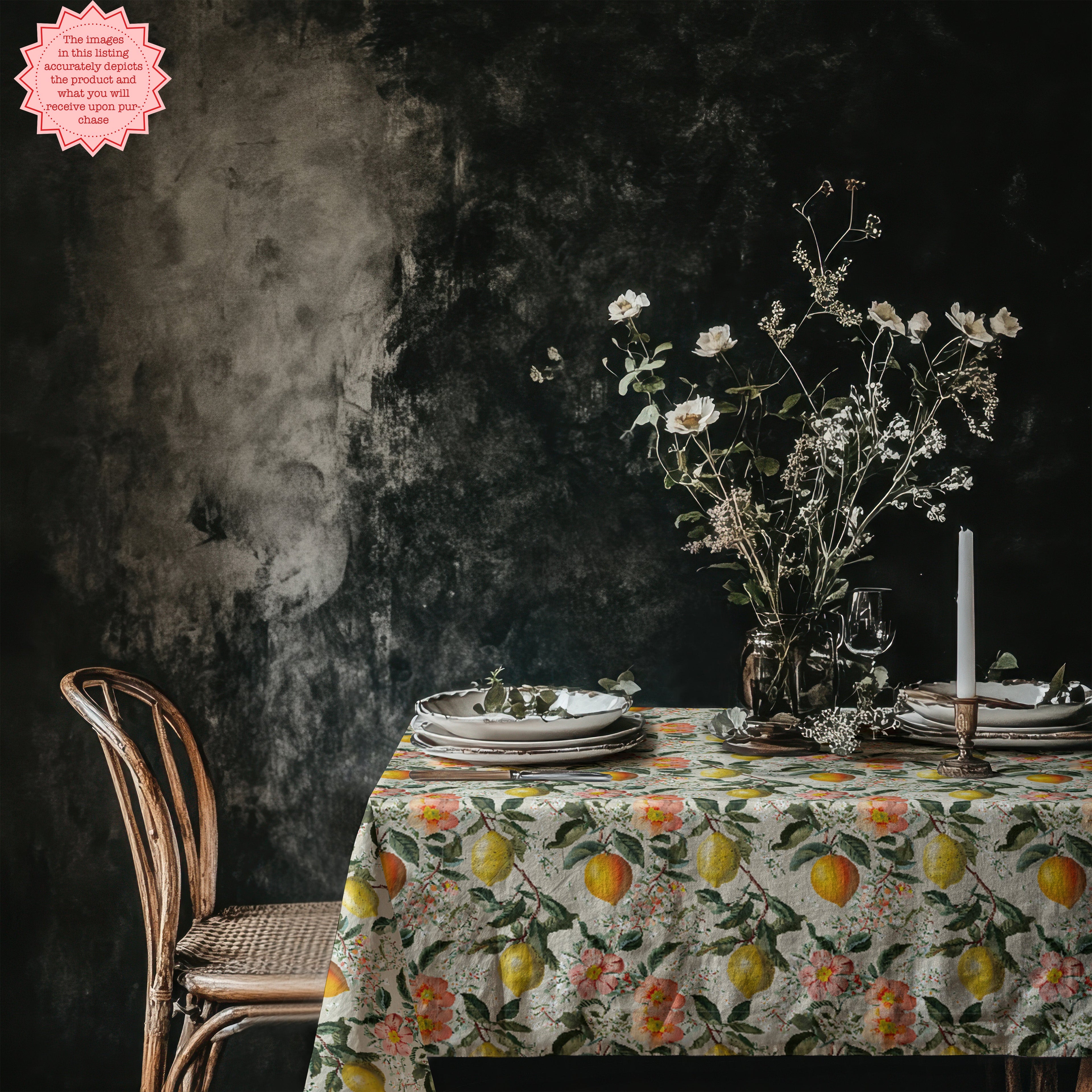 Vintage Italian lemon tablecloth styled for a Mediterranean dinner party.