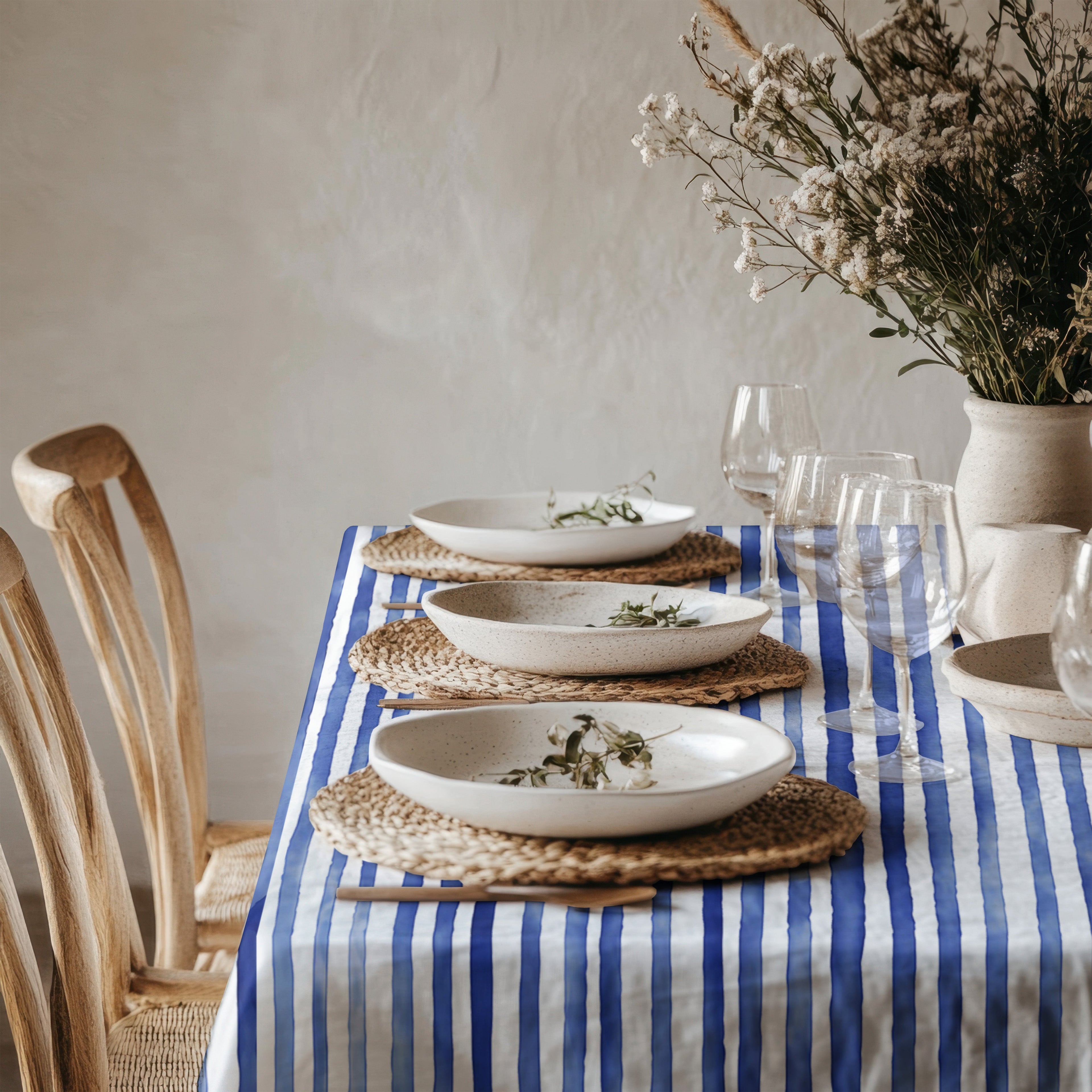Al fresco lunch table ideas for small spaces with blue stripe tablecloth.