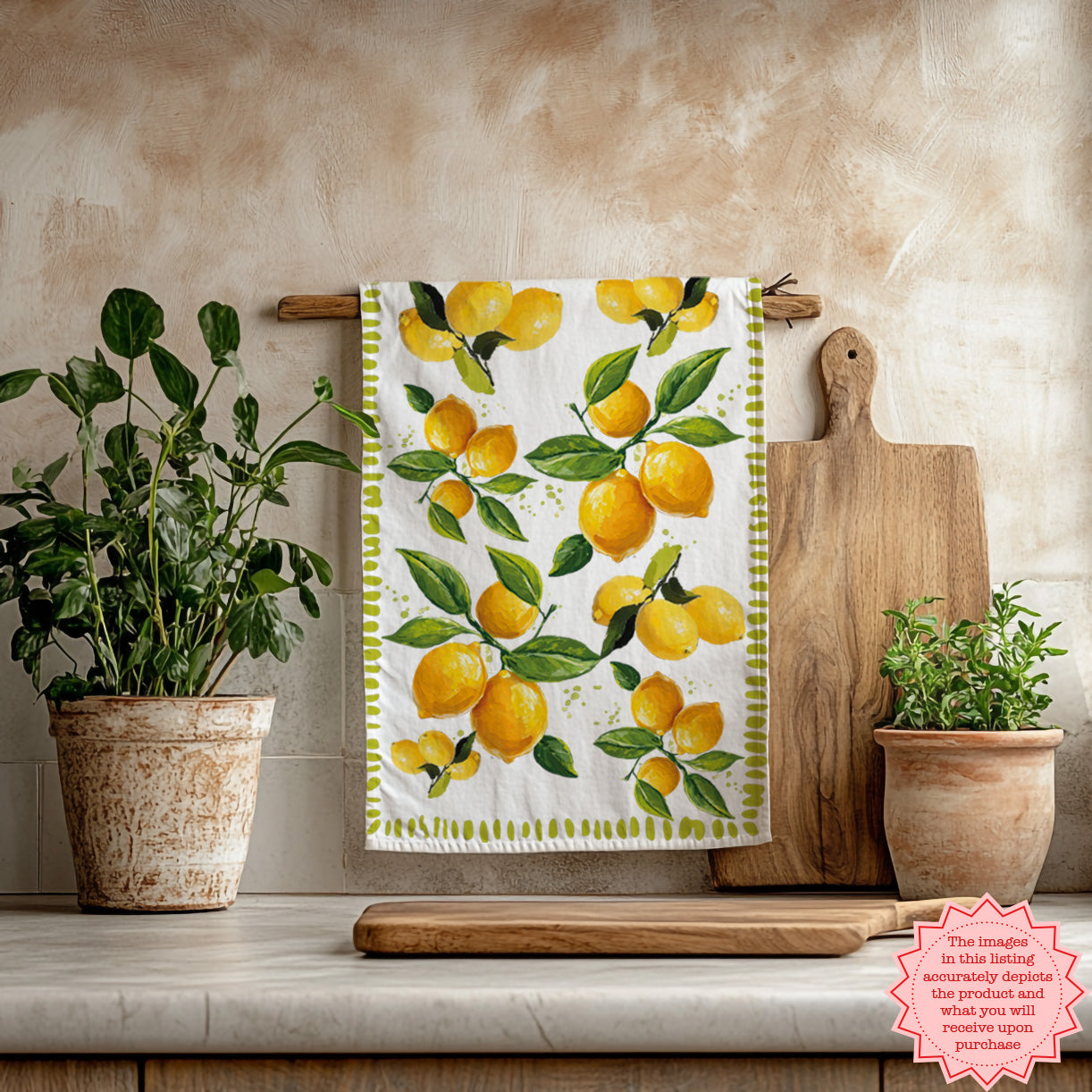 Watercolor lemon cotton tea towel styled as Mediterranean kitchen decor and host gift.