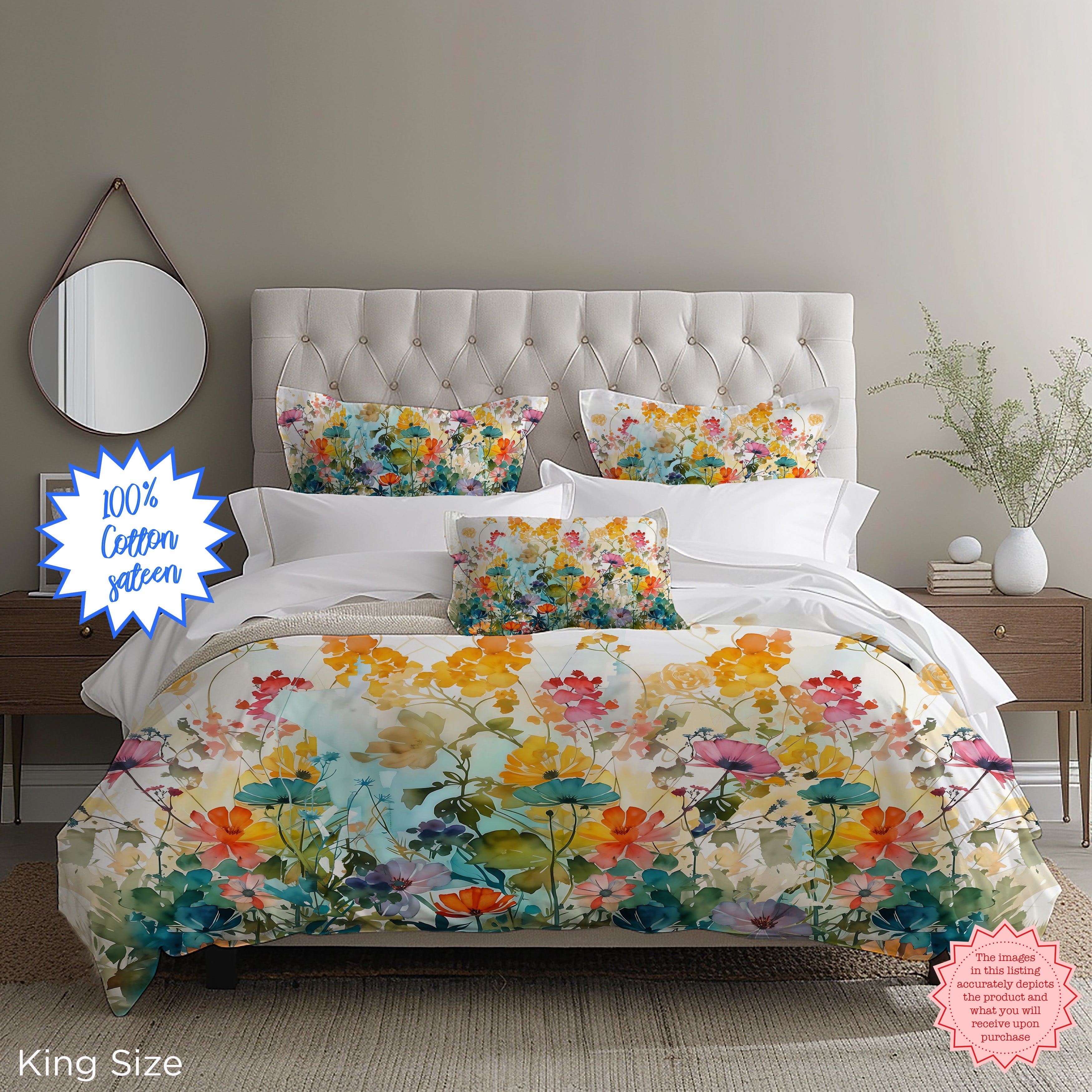 Mediterranean bedroom styling with floral wildflower bedding layers.
