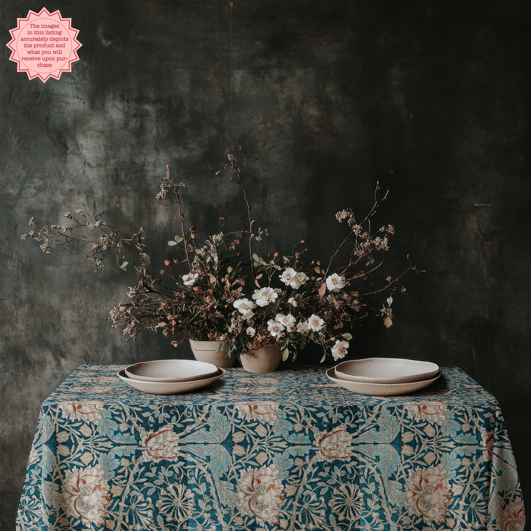 William Morris inspired Art Nouveau tablecloth styled for botanical Mediterranean dining.