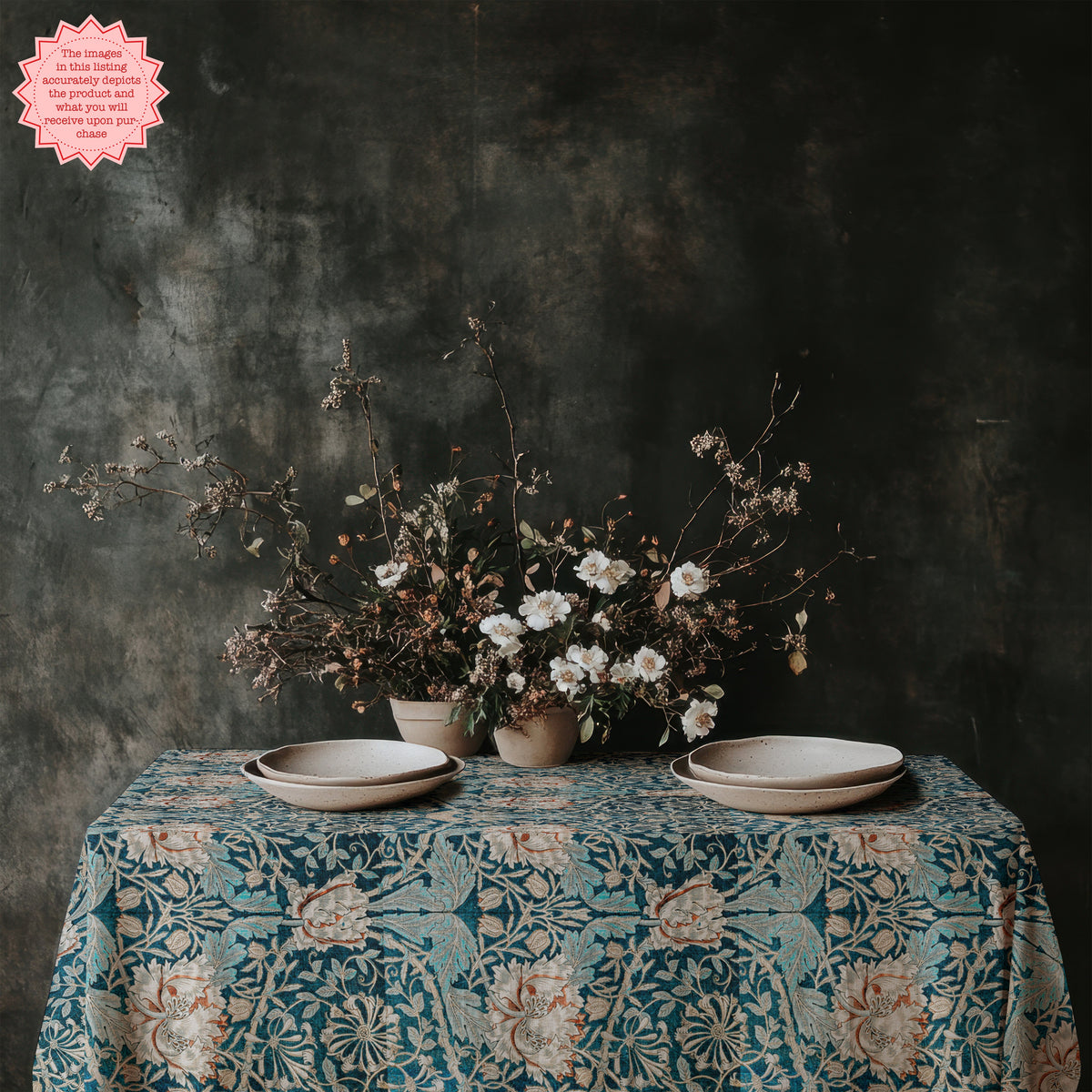 William Morris inspired Art Nouveau tablecloth styled for botanical Mediterranean dining.