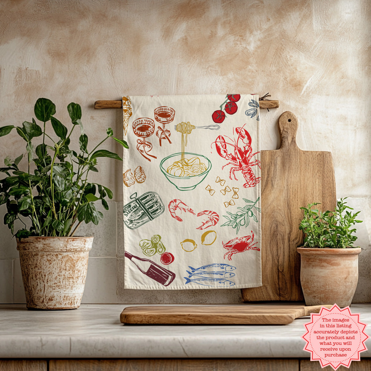 Mediterranean tea towels and kitchen textiles styled as housewarming gift ideas.
