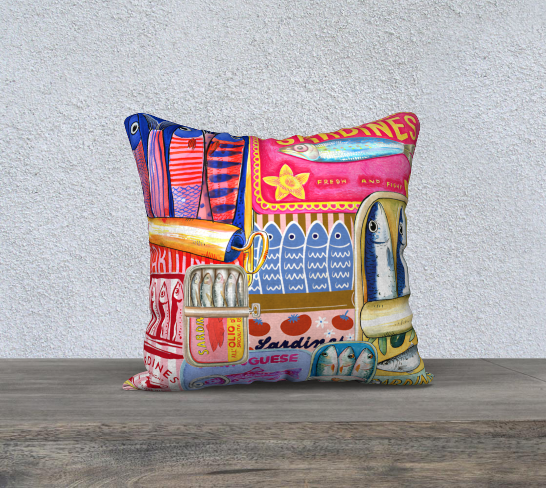 Vibrant Mediterranean Sardines Cushion in Velveteen fabric – 18x18 inch, featuring a playful sardine can design in vibrant colors.