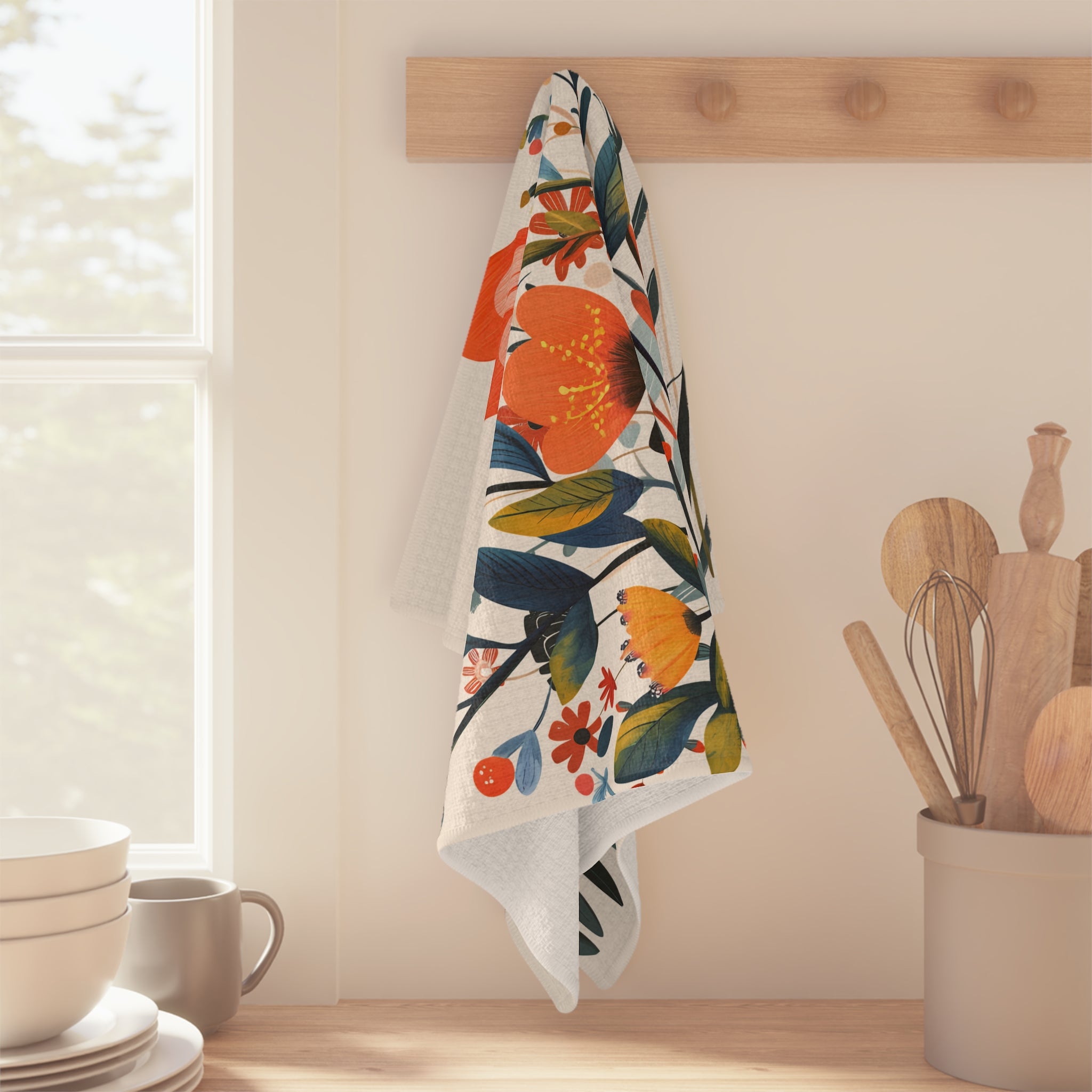Mediterranean-inspired floral tea towel styled with wooden utensils and fresh flowers for elegant botanical kitchen décor.