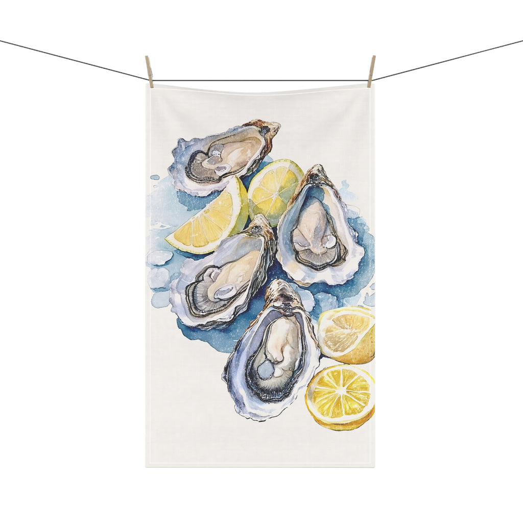 Hand-Painted Watercolor Oyster Tea Towel – 100% Cotton Twill Coastal Kitchen Towel