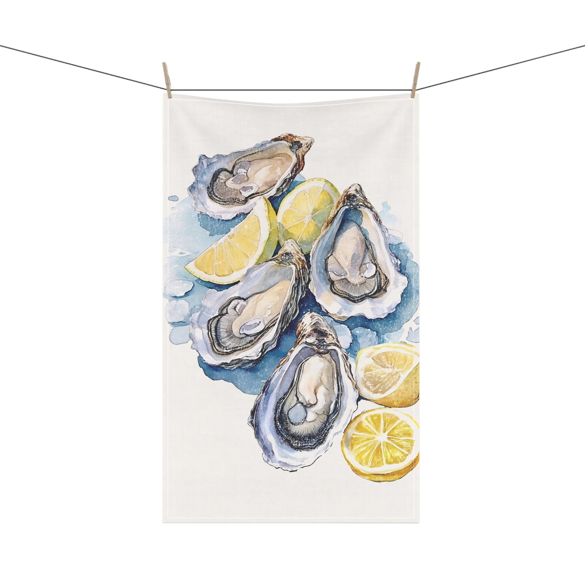 Hand-Painted Watercolor Oyster Tea Towel – 100% Cotton Twill Coastal Kitchen Towel
