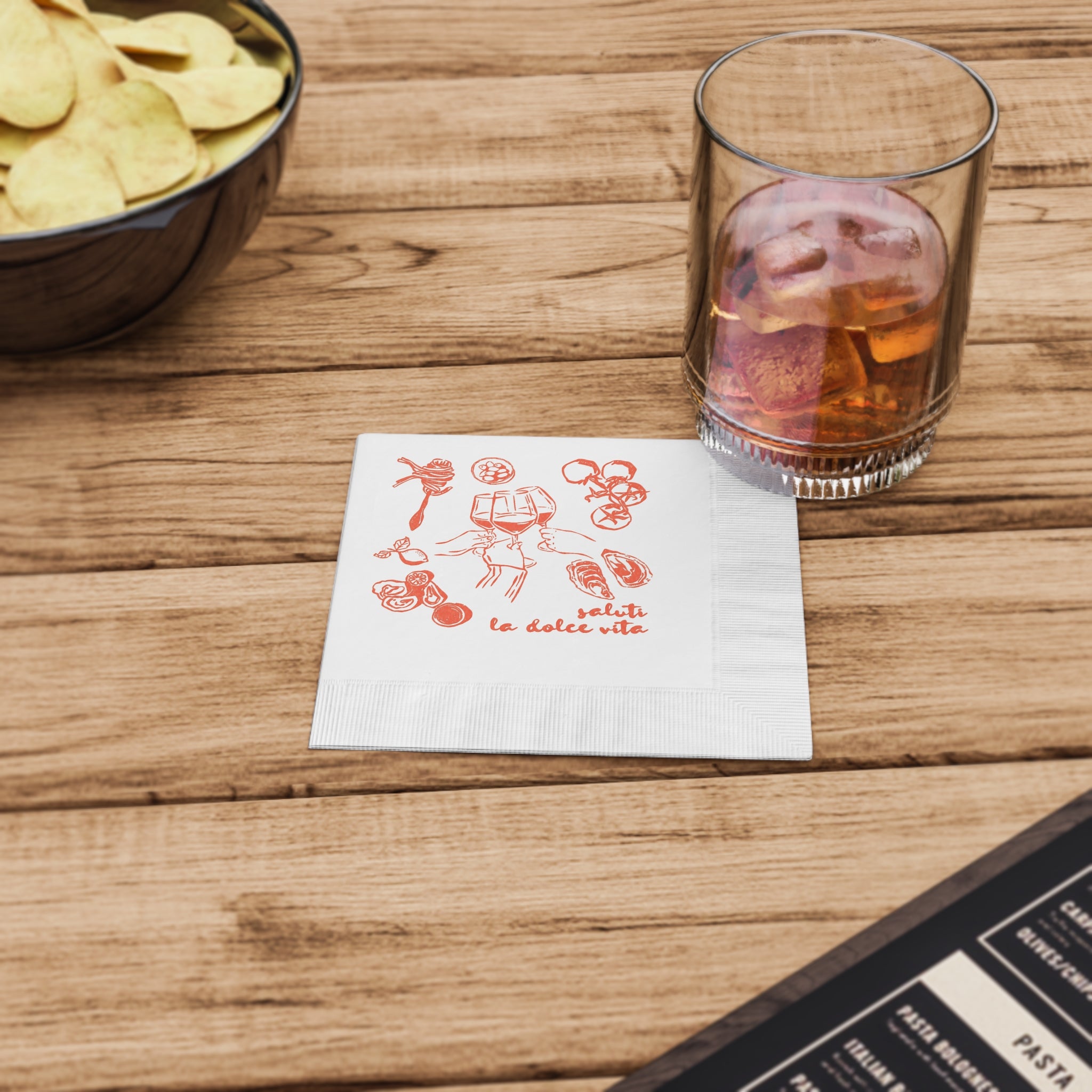 White three-ply beverage napkin with an Italian Summer Party design, customized for weddings, bridal showers, and engagement parties.