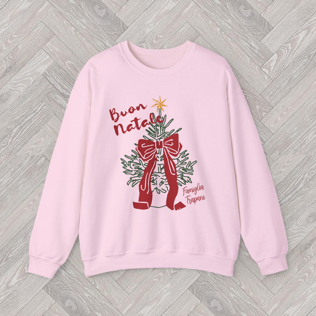Detailed Italian Christmas illustration on a cosy sweatshirt featuring Buon Natale lettering, a golden star and traditional red and green festive colours.
