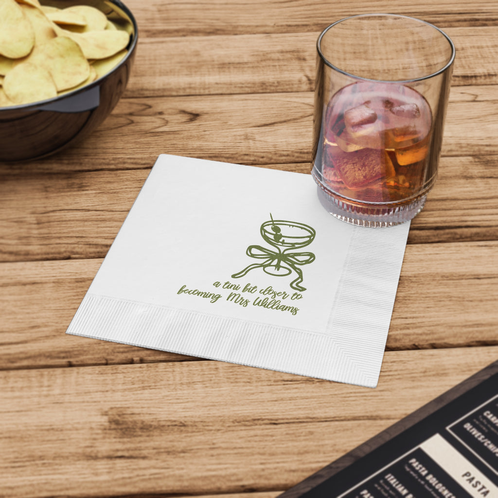 Personalized martini bar napkin with custom event details, perfect for cocktail hours, weddings, and girls' night celebrations.
