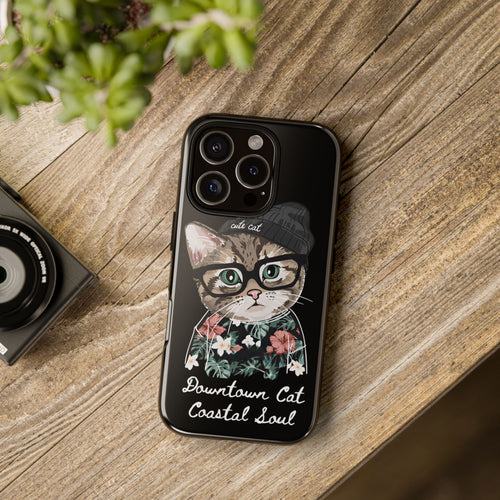 Downtown Cat Coastal Soul hard phone case featuring a cute cat wearing glasses, beanie and tropical floral shirt on a black protective phone case.