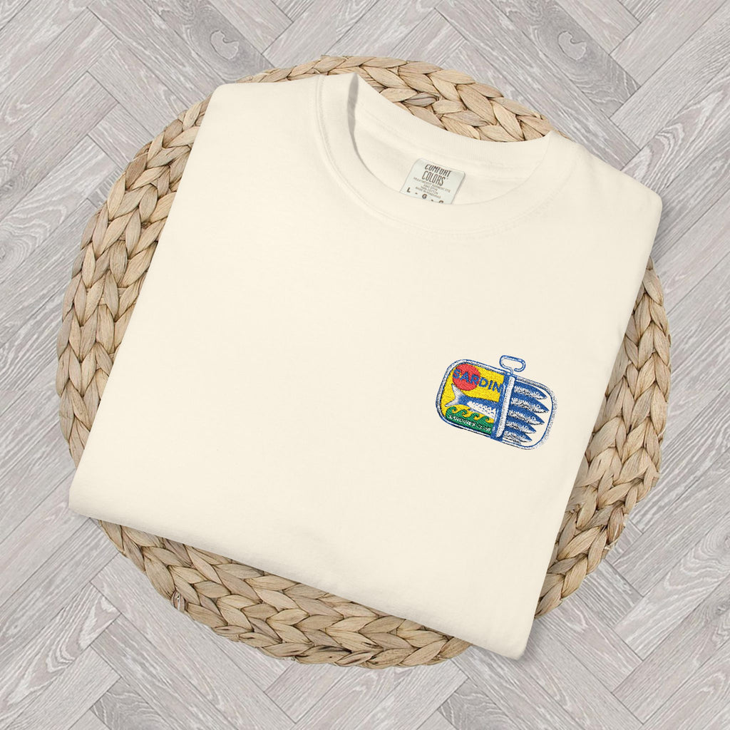 Sardines Embroidered Tee | Comfort Colors Shirt | Fisherman’s Aesthetic & Mediterranean Living | Bold Graphic Tee