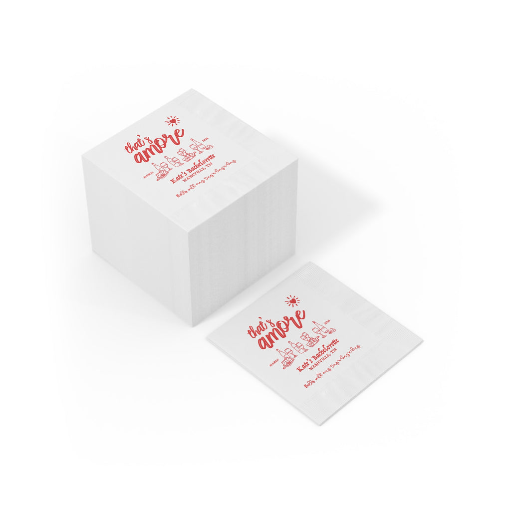 Custom beverage napkin for an Italian bachelorette party featuring personalized details and romantic That's Amore typography.