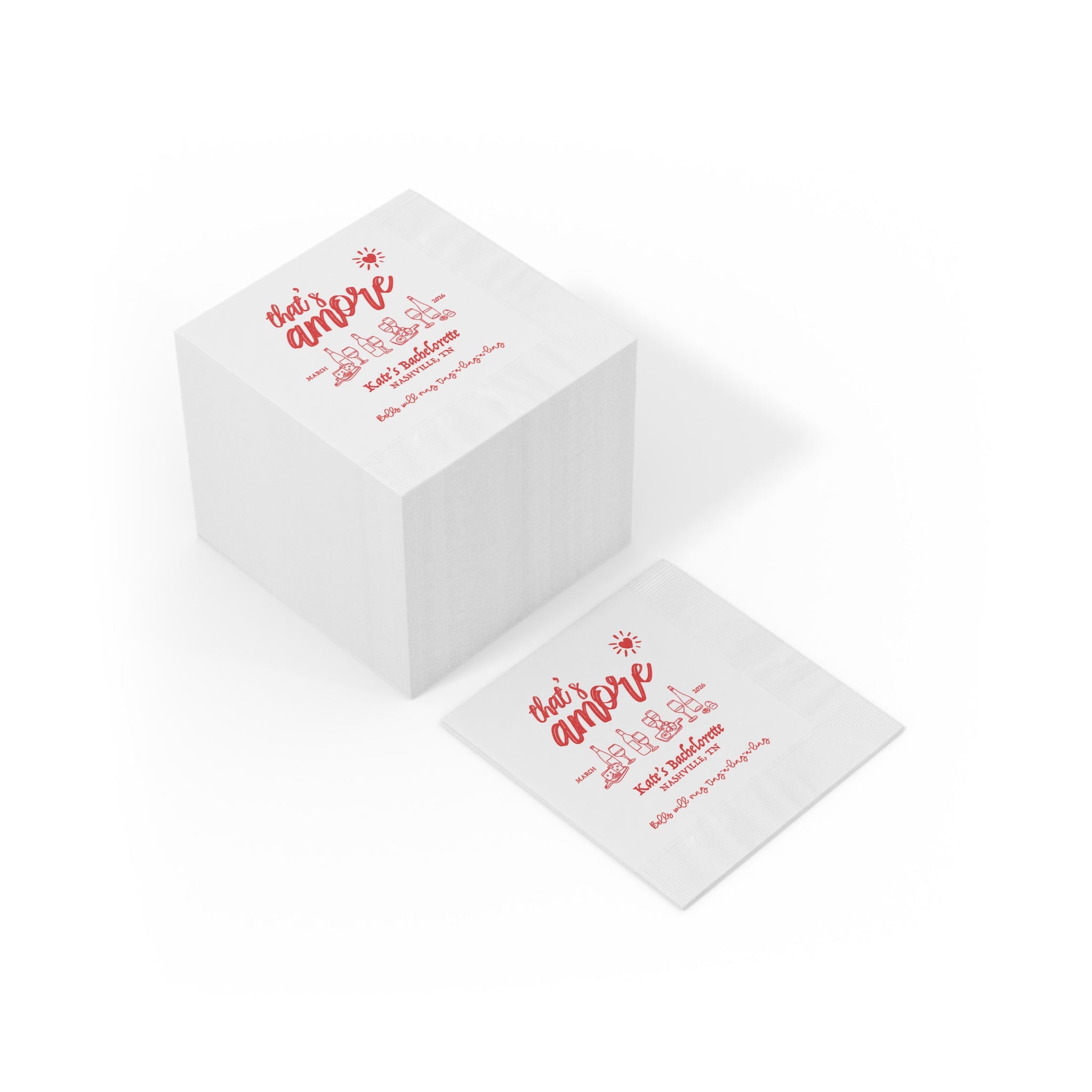 Custom beverage napkin for an Italian bachelorette party featuring personalized details and romantic That's Amore typography.