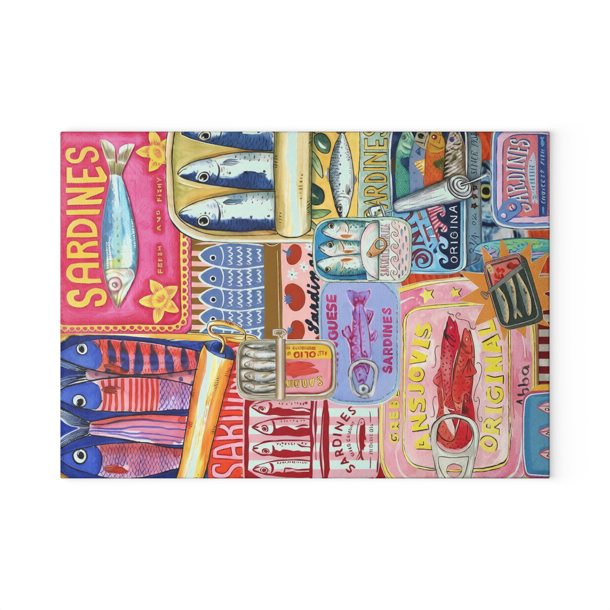 Mediterranean fisherman-inspired glass cutting board with vibrant sardine and coastal artwork