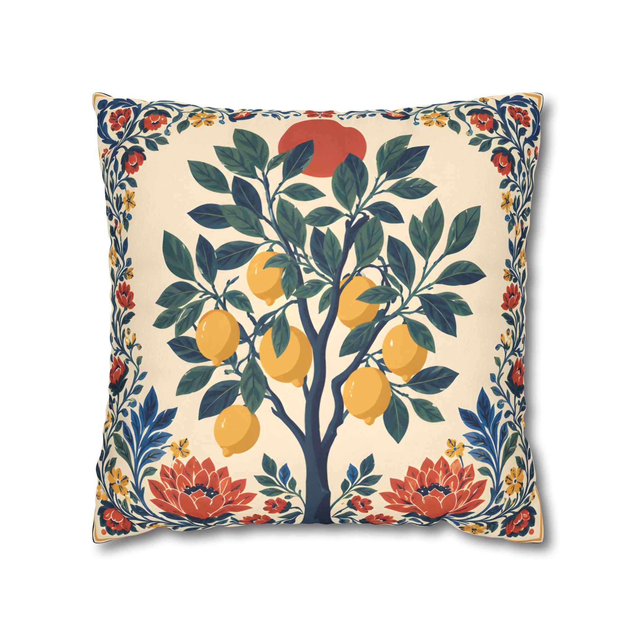 Mediterranean Lemon Tree Faux Suede Cushion Cover + Insert | Double-Sided Coastal Decorative Pillow | Amalfi Lemon Tree Cushion