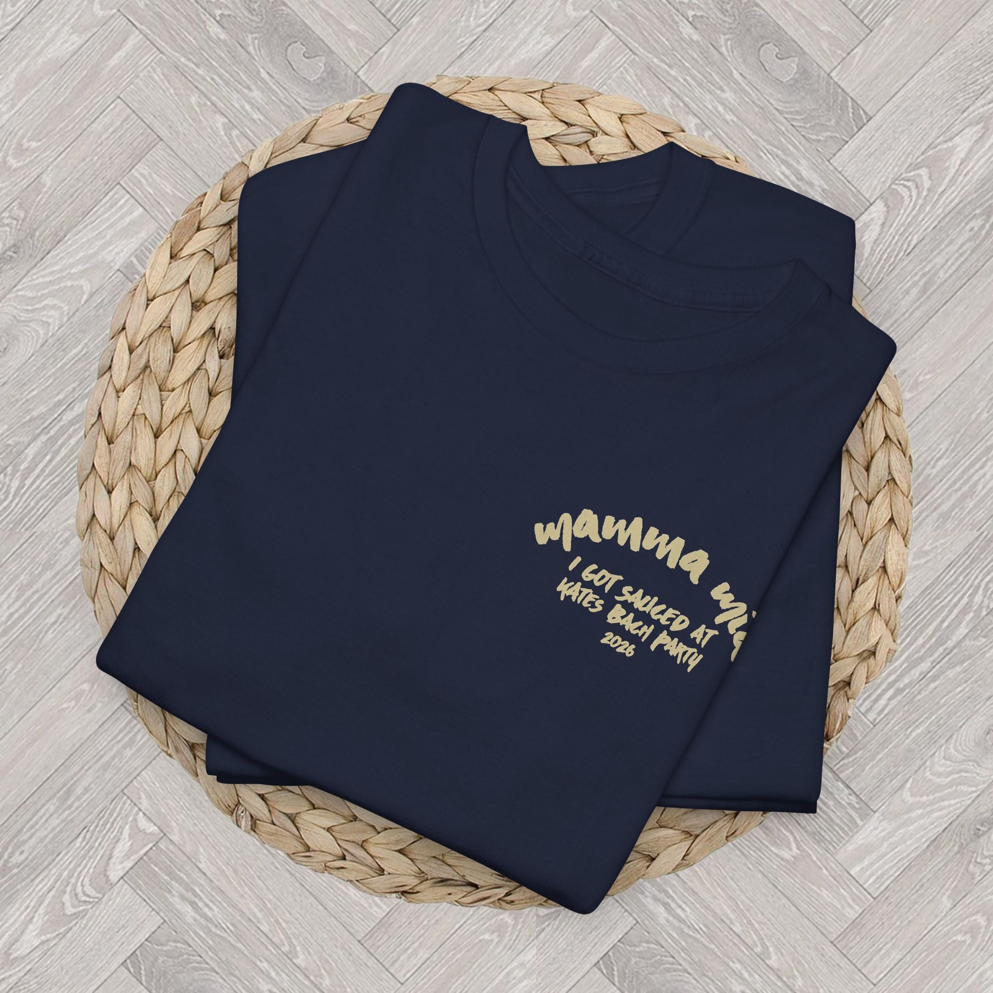 Personalised hen party T-shirt featuring Italian inspired pasta artwork and Mamma Mia I Got Sourced slogan