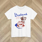 Coffee cup and croissant graphic, perfect for leisurely weekend mornings and brunch.