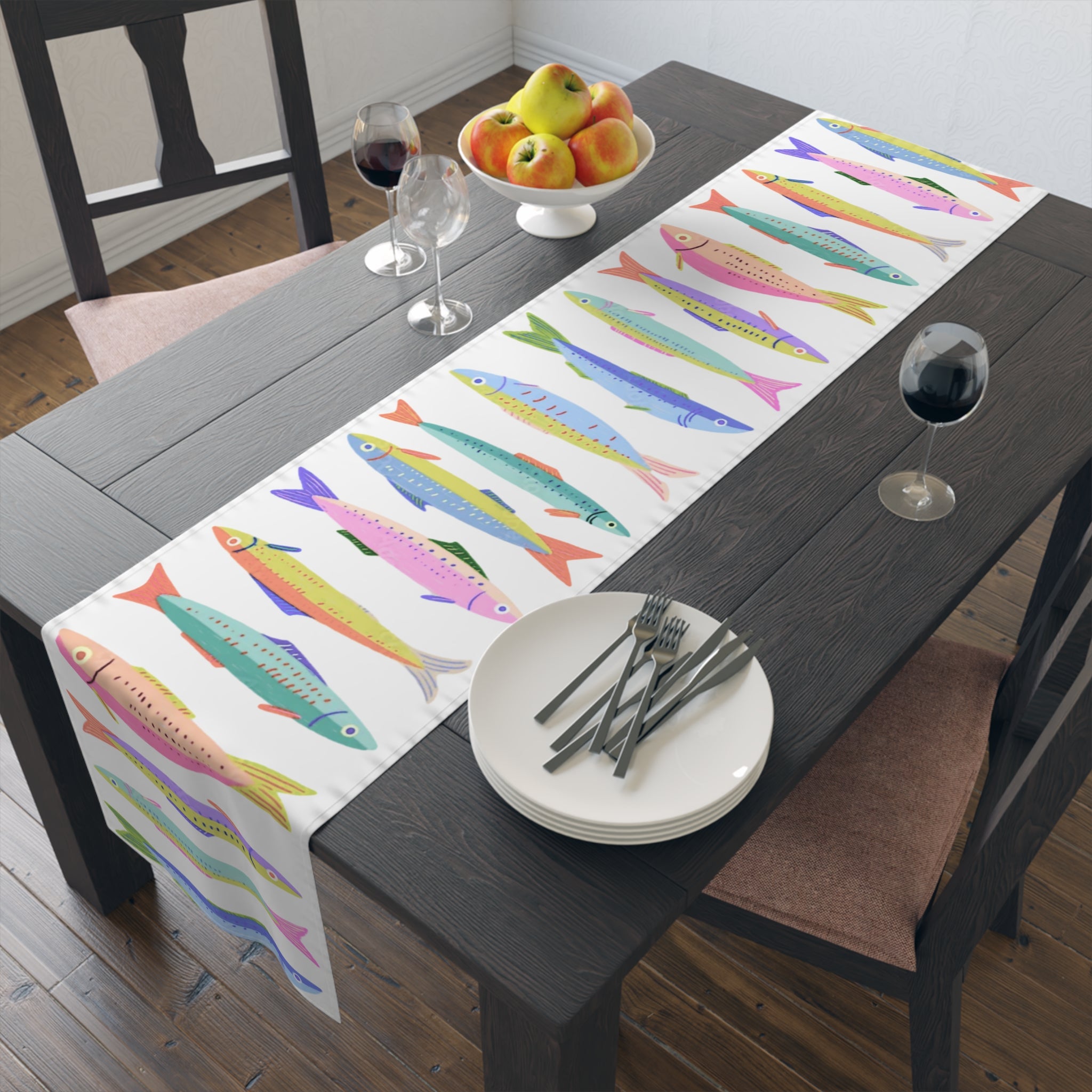 Colorful Sardine Illustration Table Runner – Bold Coastal Statement Table Linen