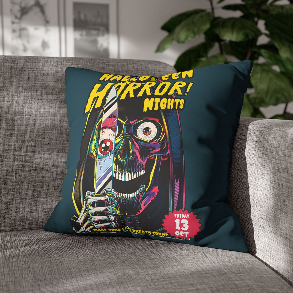 Double-sided faux suede horror cushion showcasing vibrant Halloween comic book inspired designs