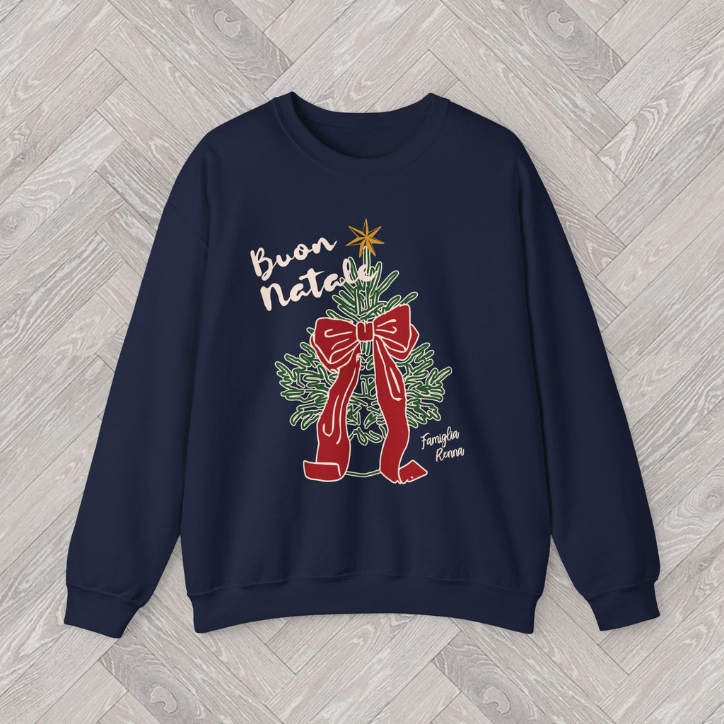 Close-up of the DTG-printed Buon Natale sweatshirt artwork showing the Christmas tree, decorative red bow and golden star.