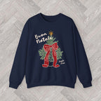 Close-up of the DTG-printed Buon Natale sweatshirt artwork showing the Christmas tree, decorative red bow and golden star.